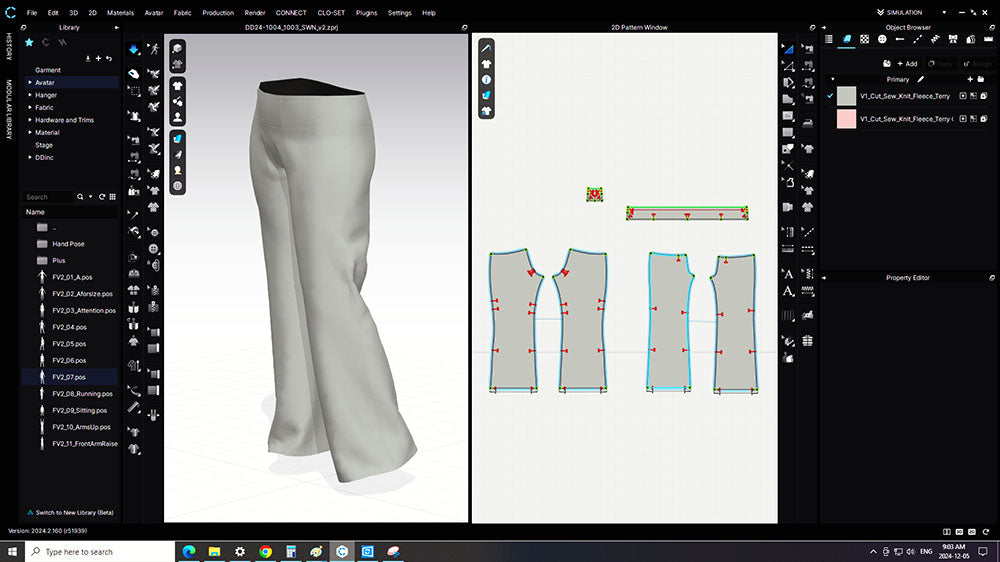 CLO 3D screenshot of pants 1st sample sewn with digital pattern