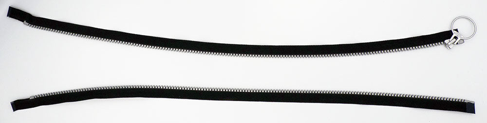 Plastic Zipper: Open End / Plastic Teeth / Circle Styled Pull Head / Teeth & Pull Colour is Silver Grey with Black Tape