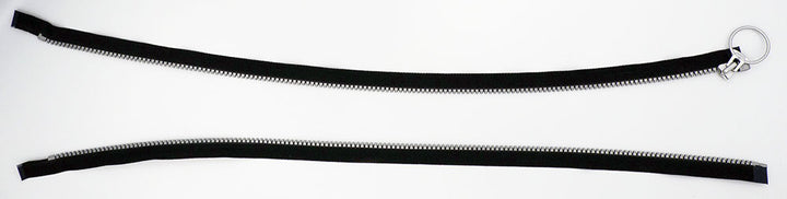 Plastic Zipper: Open End / Plastic Teeth / Circle Styled Pull Head / Teeth & Pull Colour is Silver Grey with Black Tape