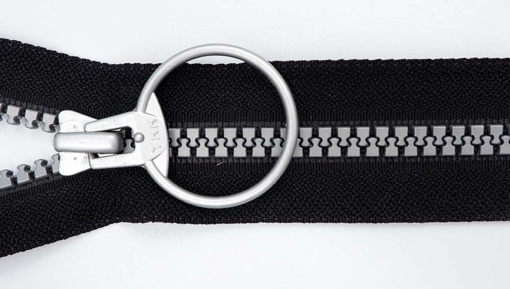 Plastic Zipper: Open End / Plastic Teeth / Circle Styled Pull Head / Teeth & Pull Colour is Silver Grey with Black Tape