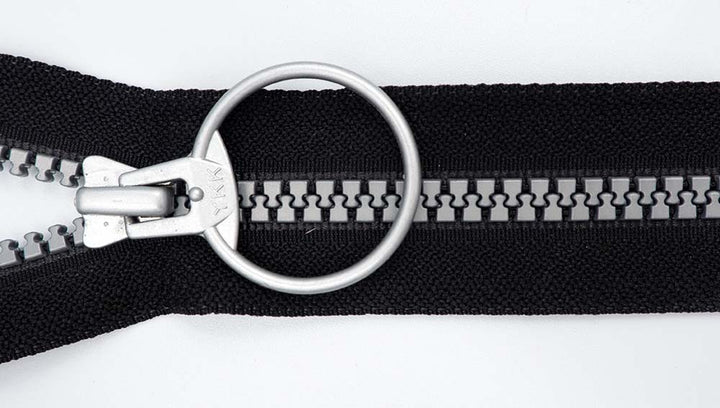 Plastic Zipper: Open End / Plastic Teeth / Circle Styled Pull Head / Teeth & Pull Colour is Silver Grey with Black Tape