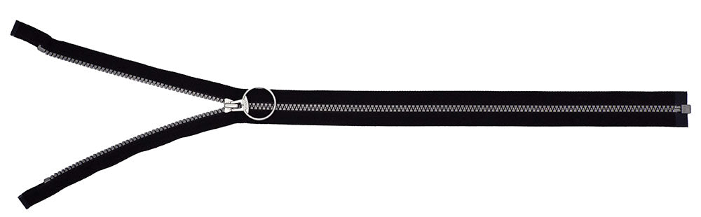 Plastic Zipper: Open End / Plastic Teeth / Circle Styled Pull Head / Teeth & Pull Colour is Silver Grey with Black Tape