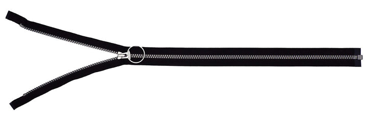 Plastic Zipper: Open End / Plastic Teeth / Circle Styled Pull Head / Teeth & Pull Colour is Silver Grey with Black Tape