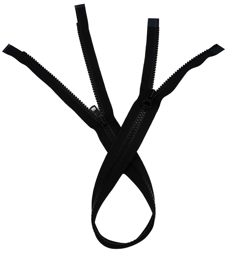 Plastic Zipper: 2-Way / Open End / Plastic Teeth / Regular Heads x 2 / Teeth & Tape Colour is Black