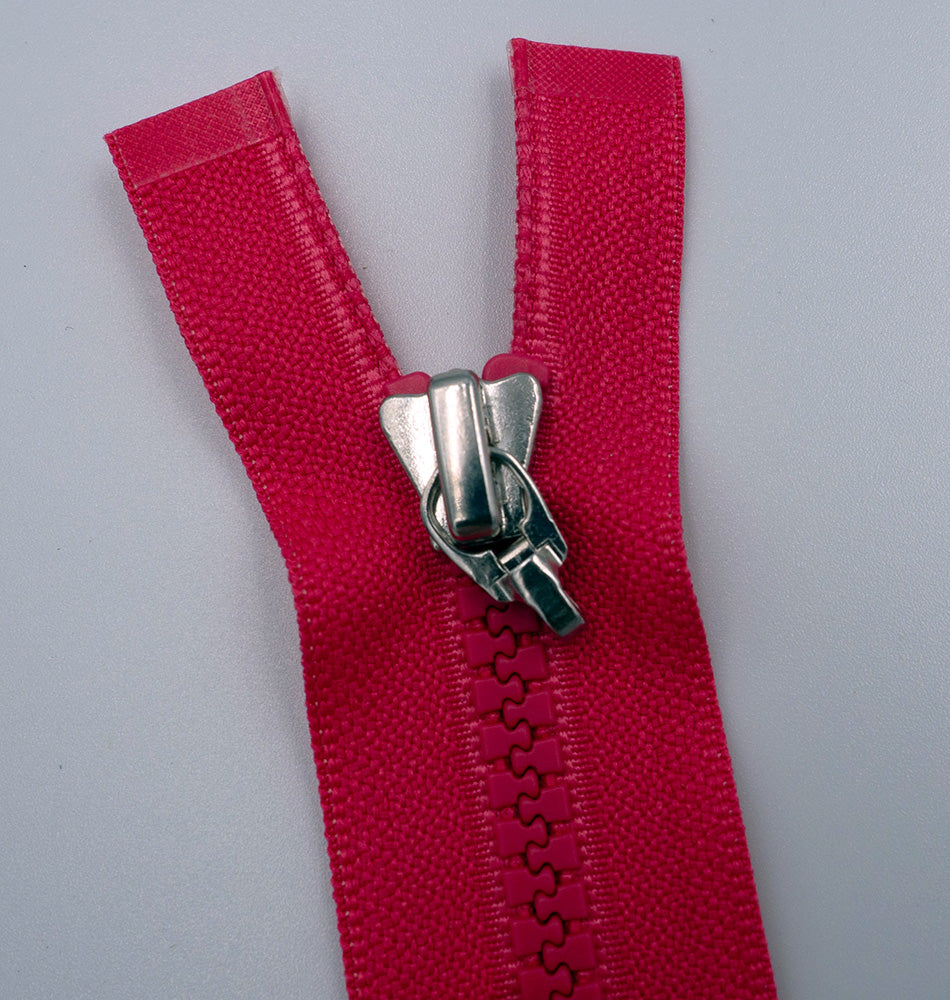 Plastic Zipper: 2-Way / Open End / Plastic Teeth / Regular Heads x 2 / Teeth & Tape Colour is Hot Pink