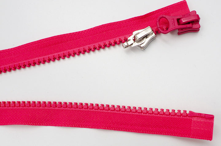 Plastic Zipper: 2-Way / Open End / Plastic Teeth / Regular Heads x 2 / Teeth & Tape Colour is Hot Pink