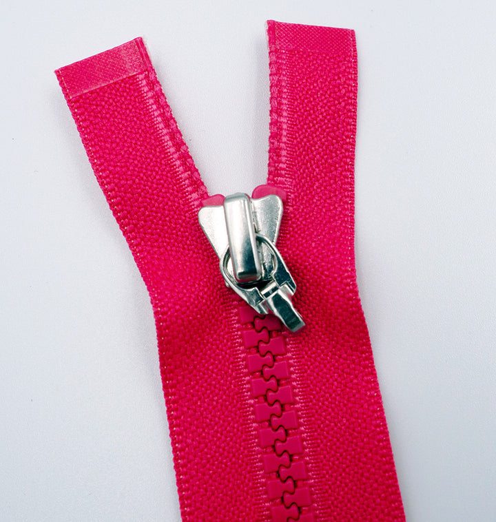 Plastic Zipper: 2-Way / Open End / Plastic Teeth / Regular Heads x 2 / Teeth & Tape Colour is Hot Pink