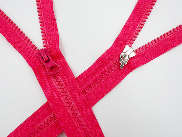 Plastic Zipper: 2-Way / Open End / Plastic Teeth / Regular Heads x 2 / Teeth & Tape Colour is Hot Pink