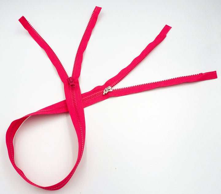 Plastic Zipper: 2-Way / Open End / Plastic Teeth / Regular Heads x 2 / Teeth & Tape Colour is Hot Pink